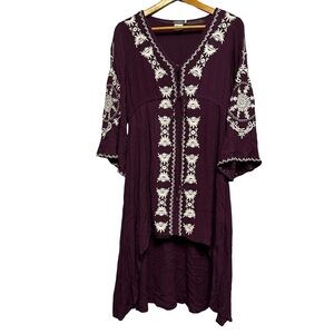 Earthbound Trading Co Purple Embroidered Hi Low Bell Sleeve Midi Dress Size M